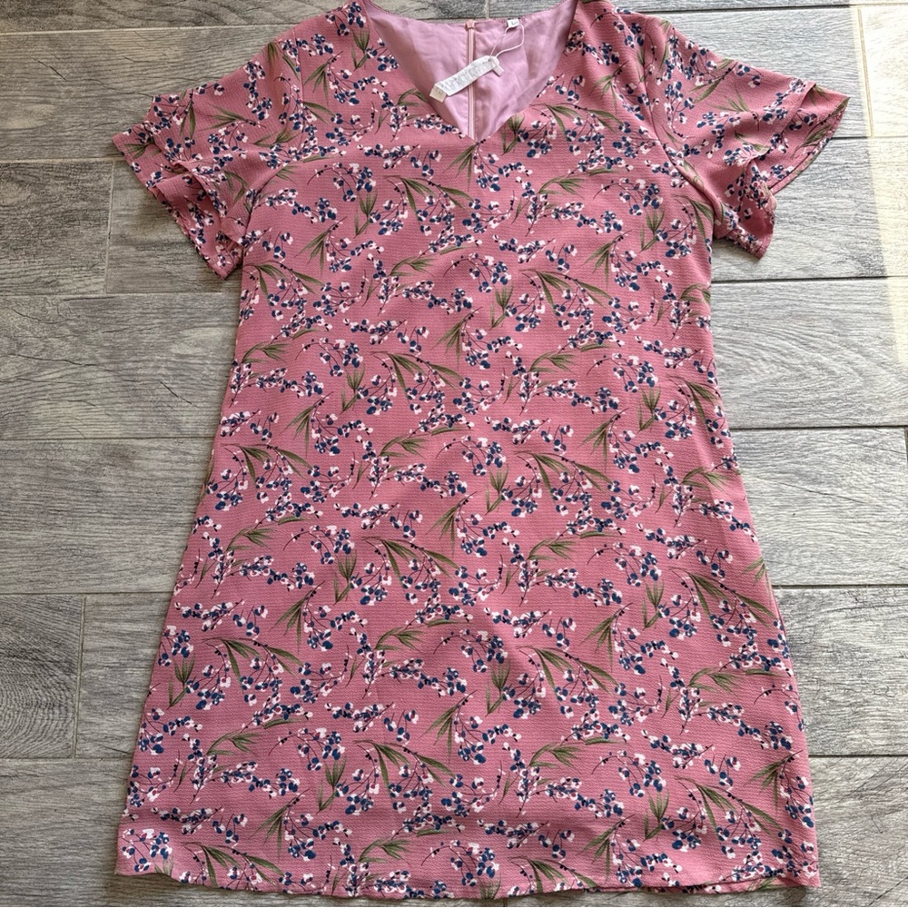 Women’s Large Floral Dress Pink V Neck Mini‎ Short Sleeve Spring Summer Lined